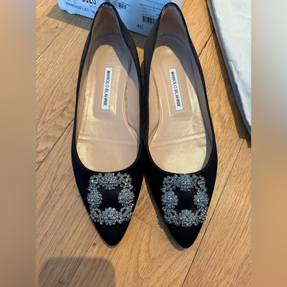Manolo Blahnik Black Flats with Silver Embellishments
